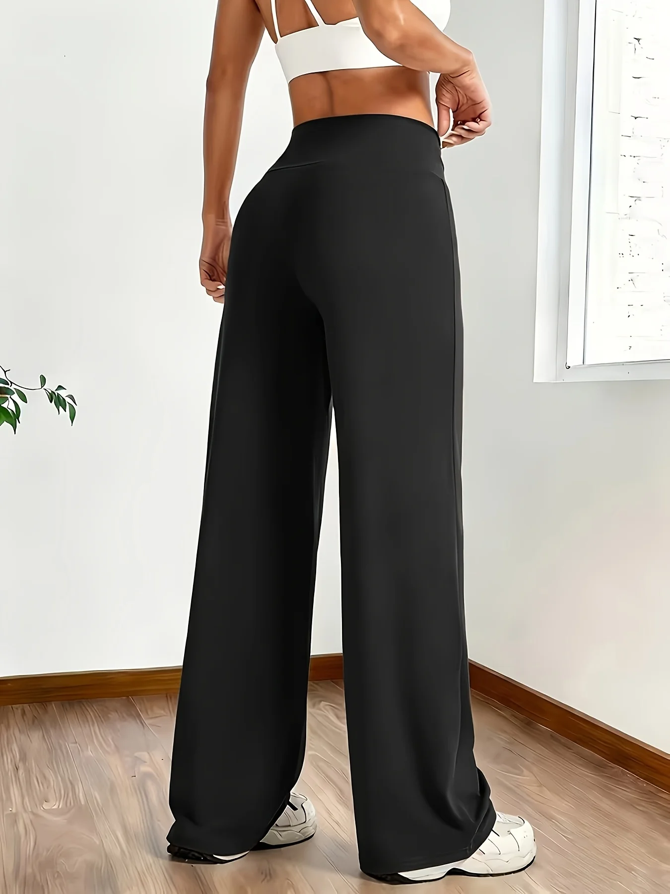 Schwarze High-Waist-Yogahose für Damen – Sportleggings mit weitem Bein, vierfache Elastizität, geeignet für Yoga, Laufen und Freizeitkleidung – Detail 4