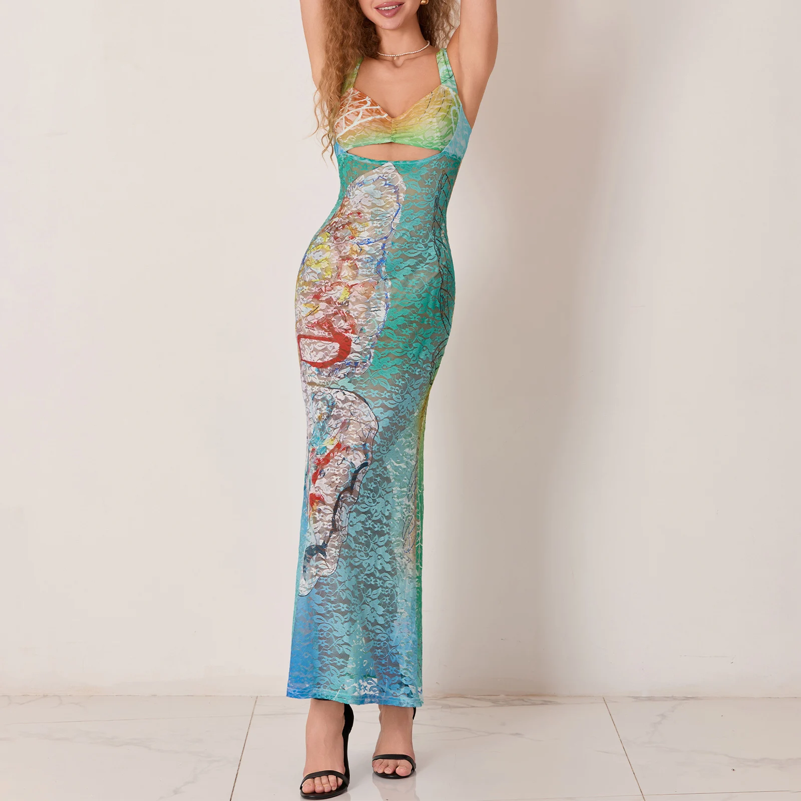 Women's Long Slim Cami Dress Sleeveless Open Back Hollow Colored Pattern Print Fitted Dresses