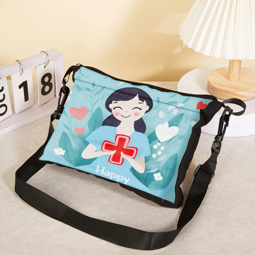 Cute Nurse Design Crossbody Bag Light Blue With Heart And Leaf Pattern Happy Text Shoulder Bags For Women Girls School Medical T