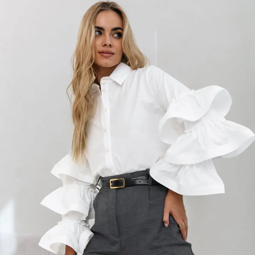 

Blouse Single Breasted Solid Patchwork Stacked Ruffles Chic For Women Lapel Butterfly Sleeve Spliced Shirts Female Fashion