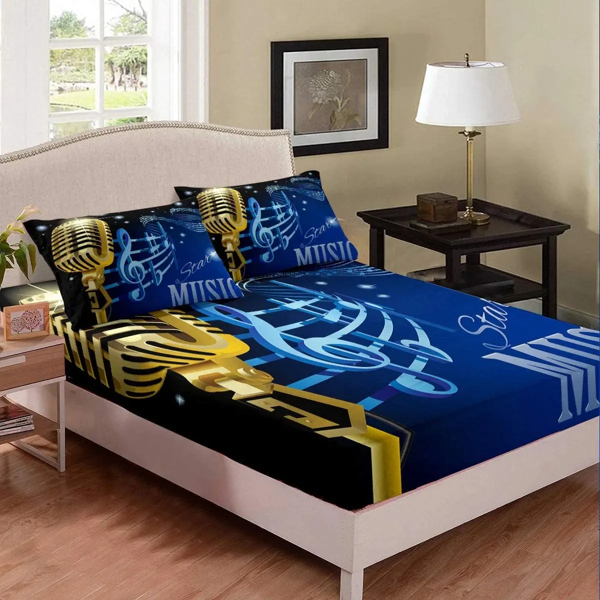Microphone Fitted Sheet Twin Queen Size for Kids Boys Girls, Musical Notes Bed Sheets,Music Themed Bedding Set with Deep Pocket