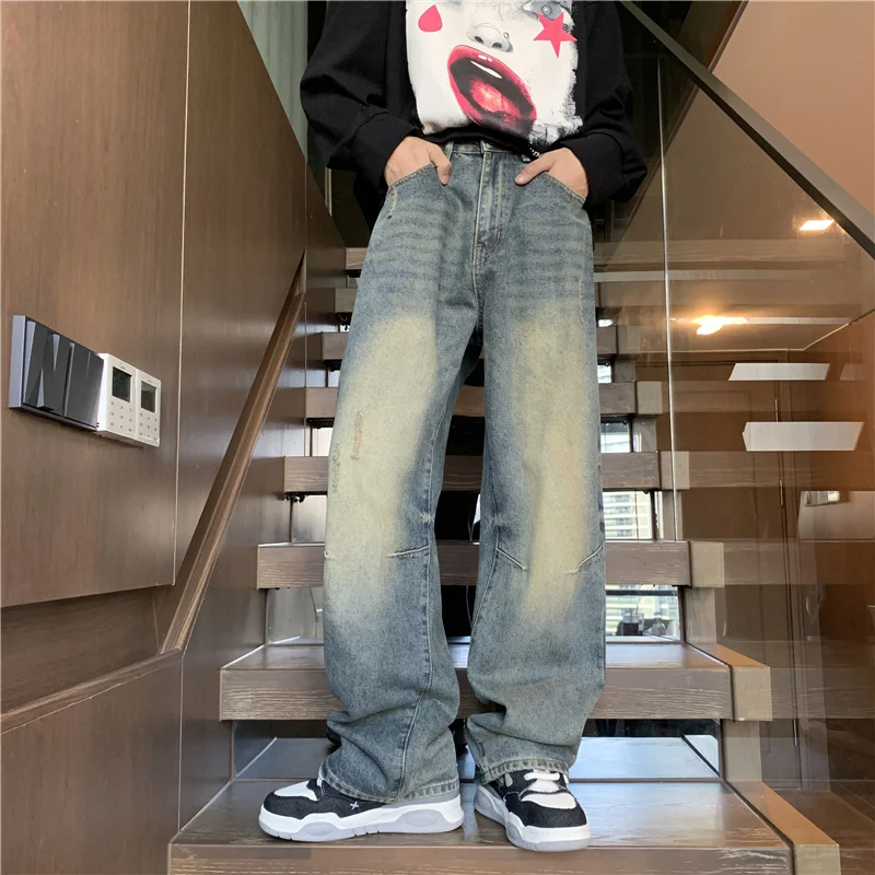 2024 Spring Men's Wide Leg Jeans Straight Denim Pants Loose Street Famous Clothing Casual Fashion New Autumn Trousers P128