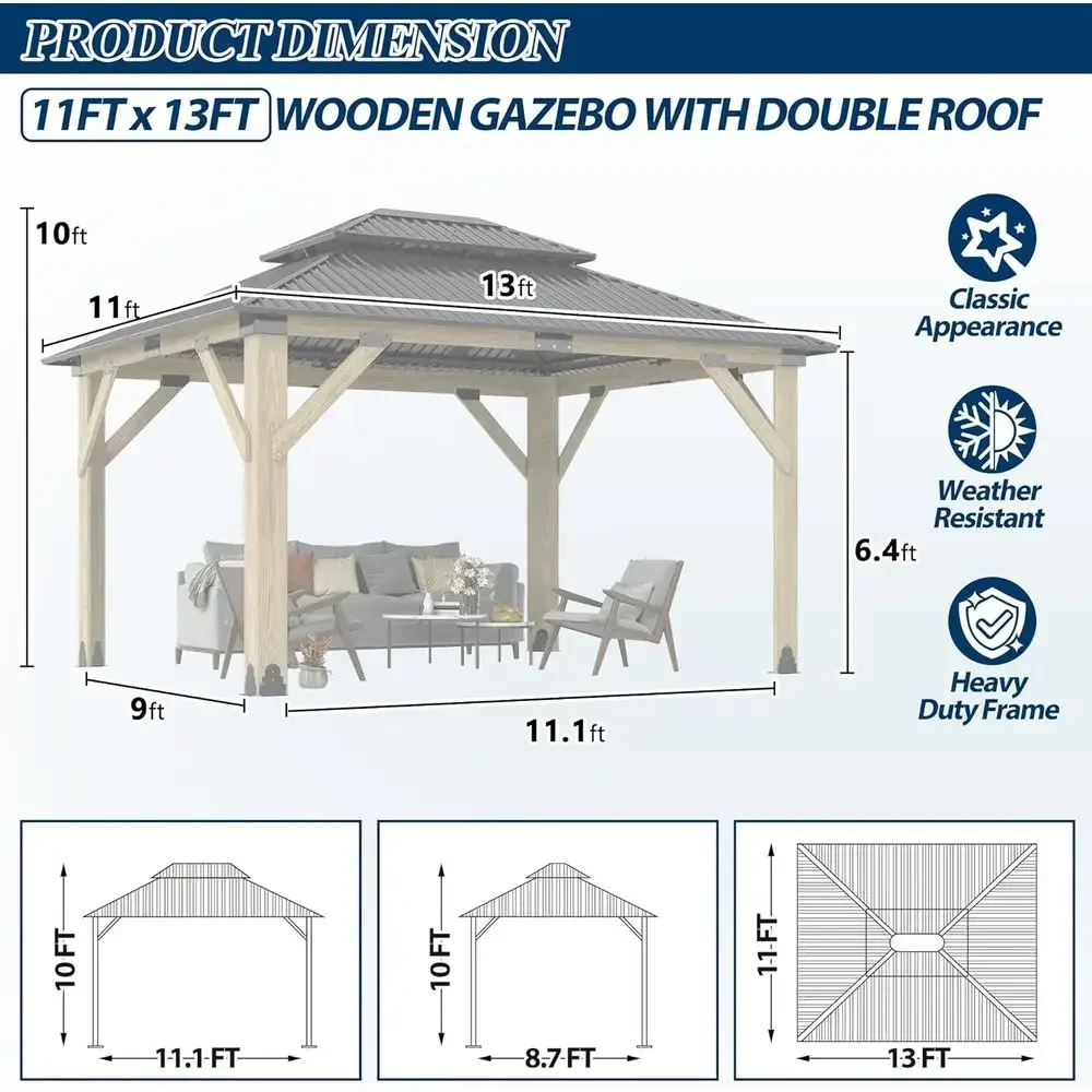 11T x 13T Outdoor Wooden Gazebo - Patio Wood e Gazebo with Galvanized Steel Hardtop, Heavy-Duty Hardtop Gazebos or Garden, Pools