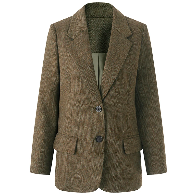 New Elegant Fashion Blazers Woman Winter Coats Notched Collar Long Sleeve Wool Cotton Blend Office Lady Solid Blazer Coat
