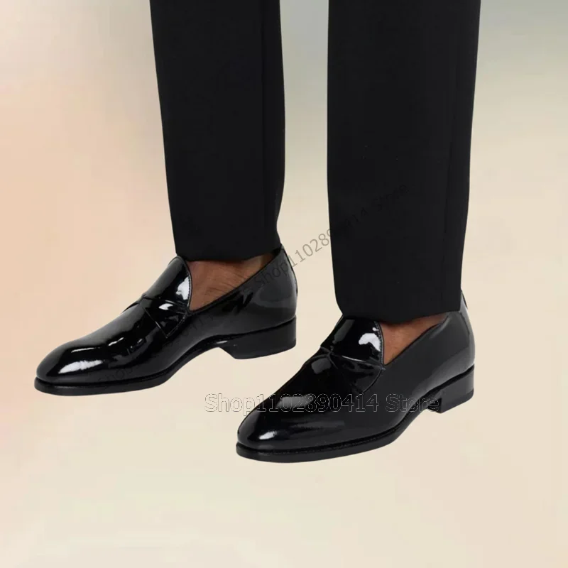 

Black Patent Leather Pleated Design Square Toe Loafers Fashion Slip On Men Shoes Luxurious Handmade Party Office Men Dress Shoes