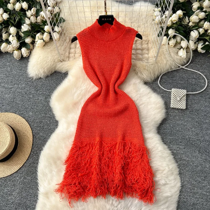 Women Knit Mini Dress New Summer Fashion Sexy Hollow-Out Sleeveless Bodycon Party Dresses Korean Lady Elegant Beach Vestidos 원피스