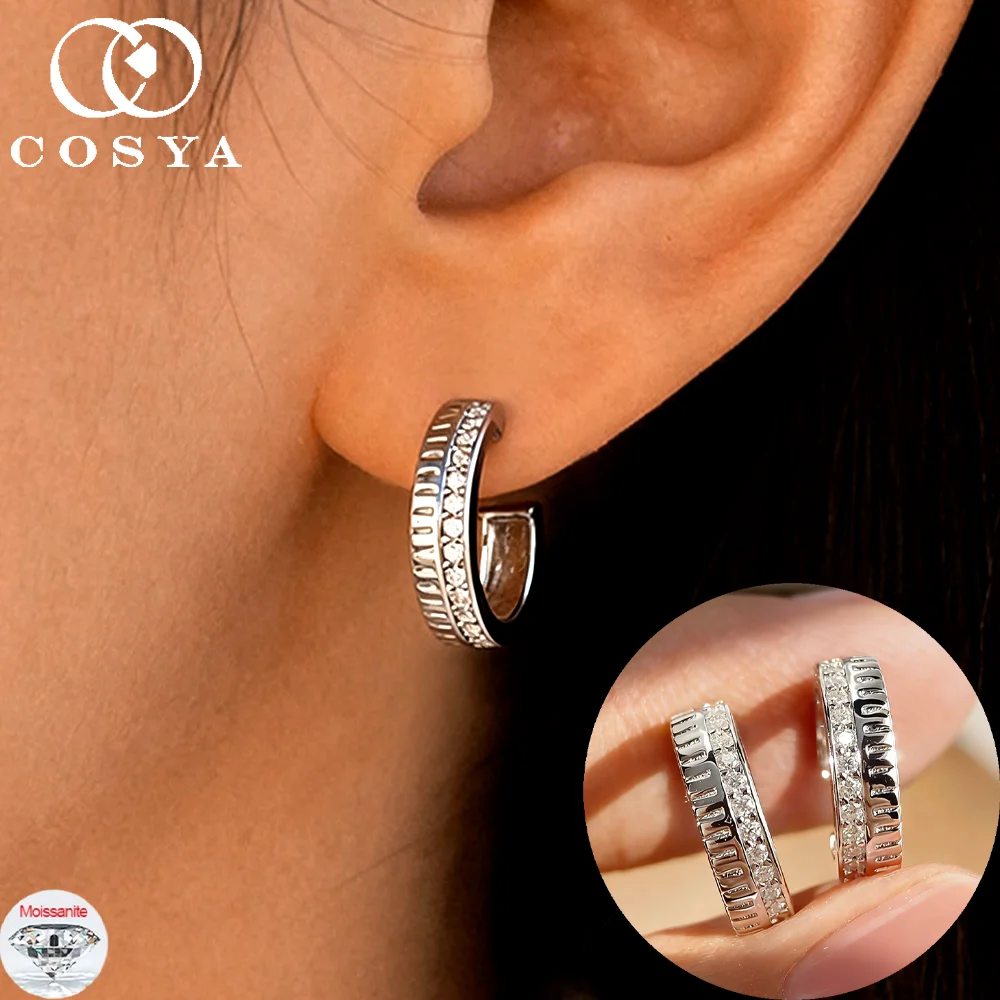 COSYA 1mm Full Moissanite Hoop Earrings For Women 925 Sterling Silver Plated 18K Gold Sparkling C Shape Dainty Fine Jewelry Gift