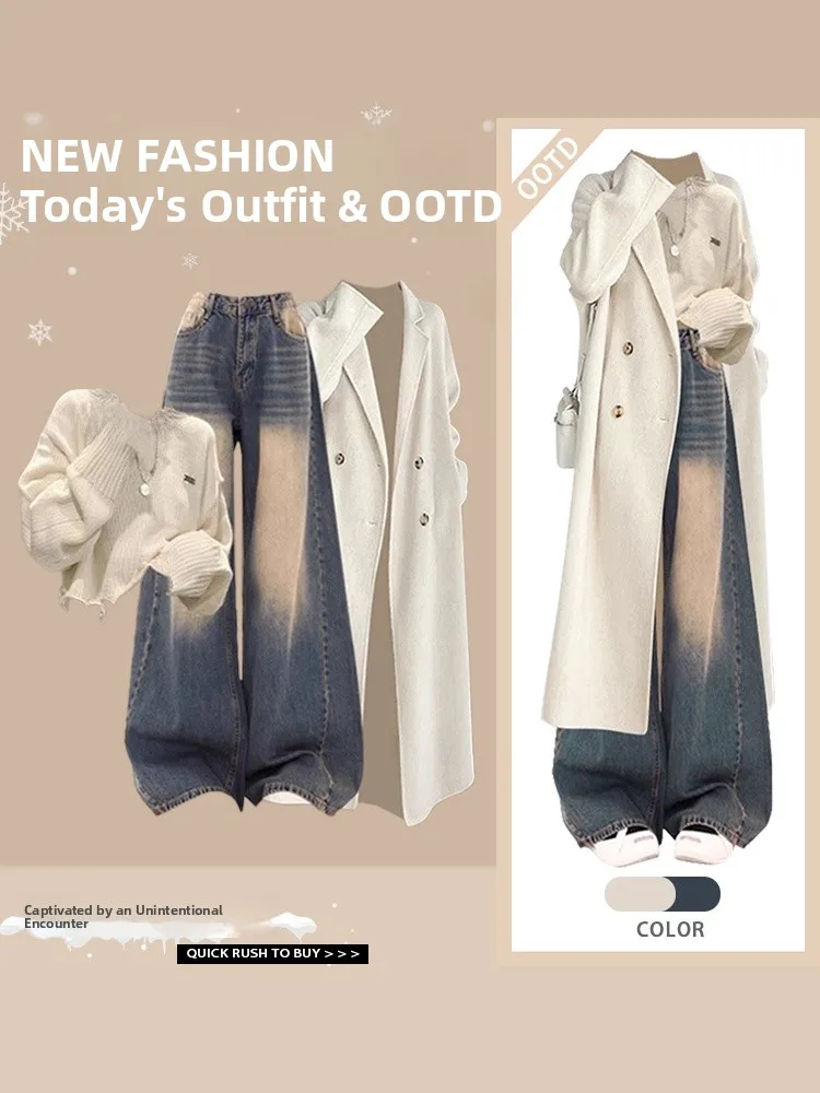 ファッショナブルなロングストレートジーンズセーター冬用アウターウェアエレガントでカジュアルなシックなプラスサイズポリエステルデニムパンツ