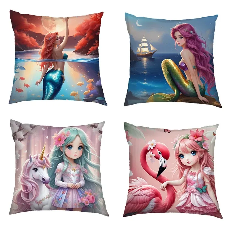 Housses de coussin à imprimé sirène pour filles, taie d'oreiller de dessin animé, mignon, licorne, canapé, décoration d'intérieur, salon