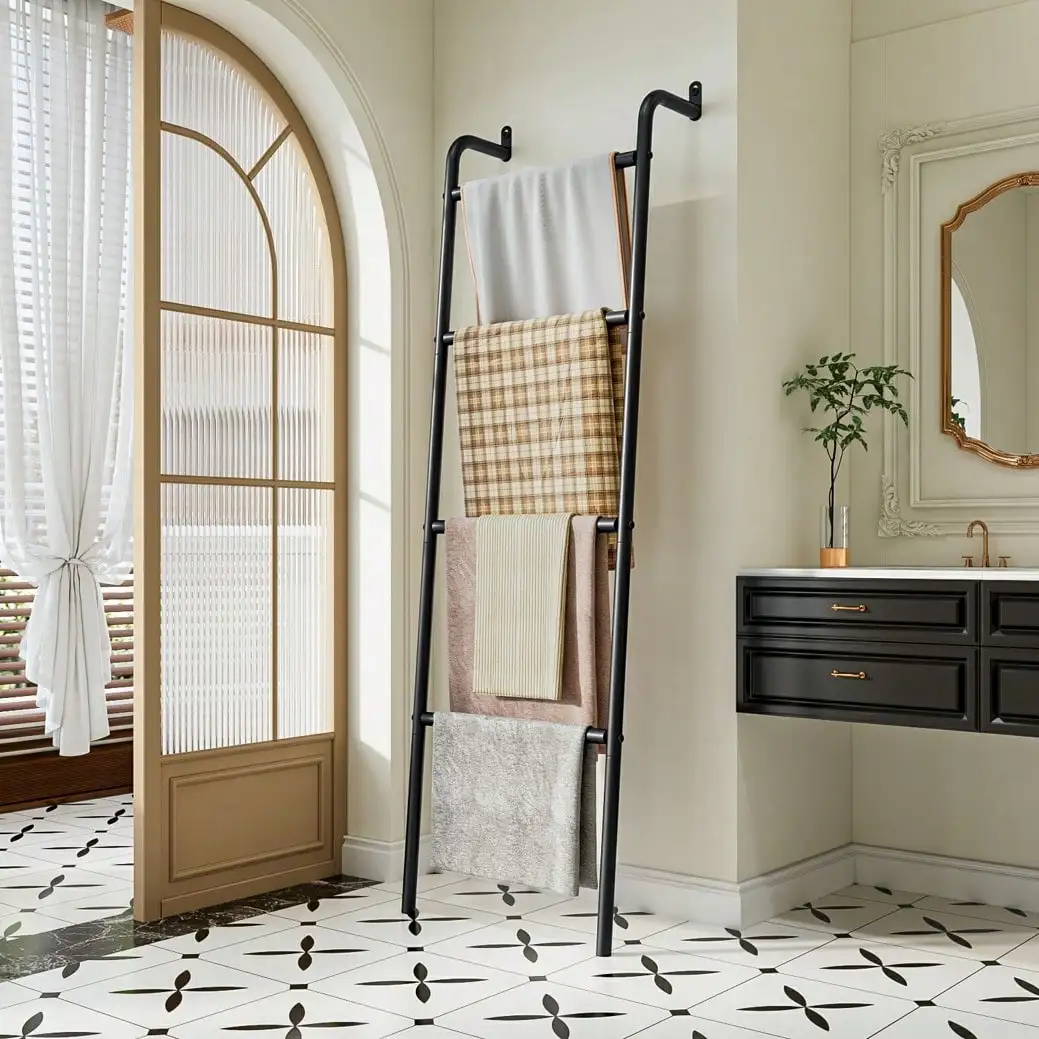 4-Layer Metal Blanket Ladder Wall-Leaning Towel Rack Livingroom Bathroom Decor