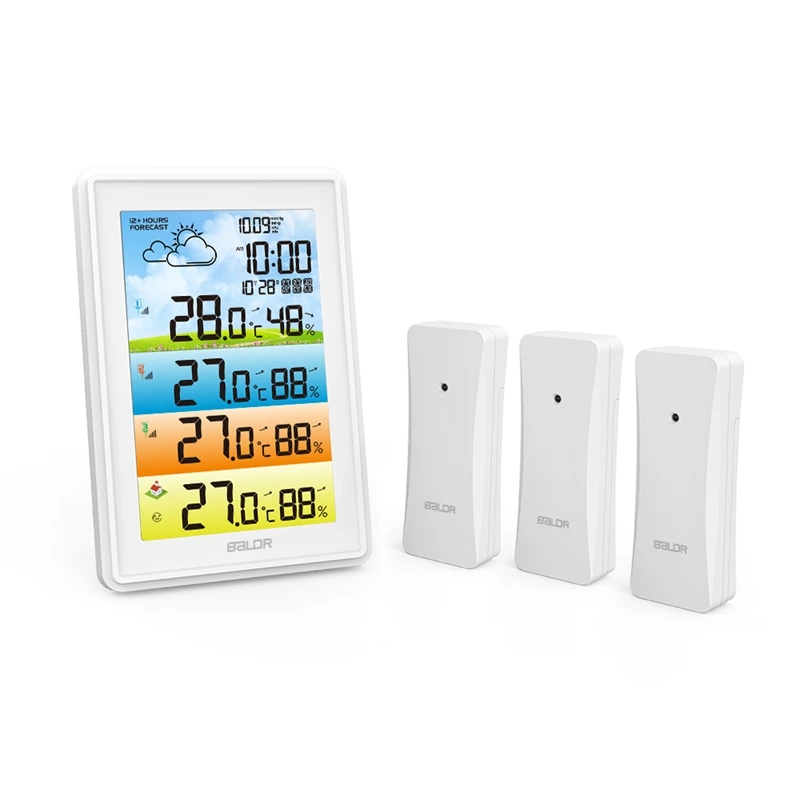 Wireless Smart Weather Station 3pc Sensor Home Hygrometer Thermometer Digital Moon Phase Alarm Clock Colorful Barometer Forecast