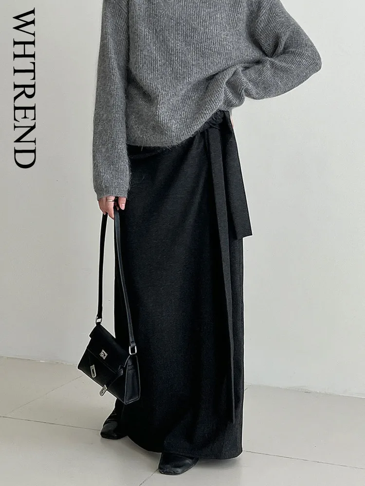 

WHTREND Elegant Pleated High Waist Tie Straight Skirt Women Autumn New Velvet Unique Design Long Skirts WH1567