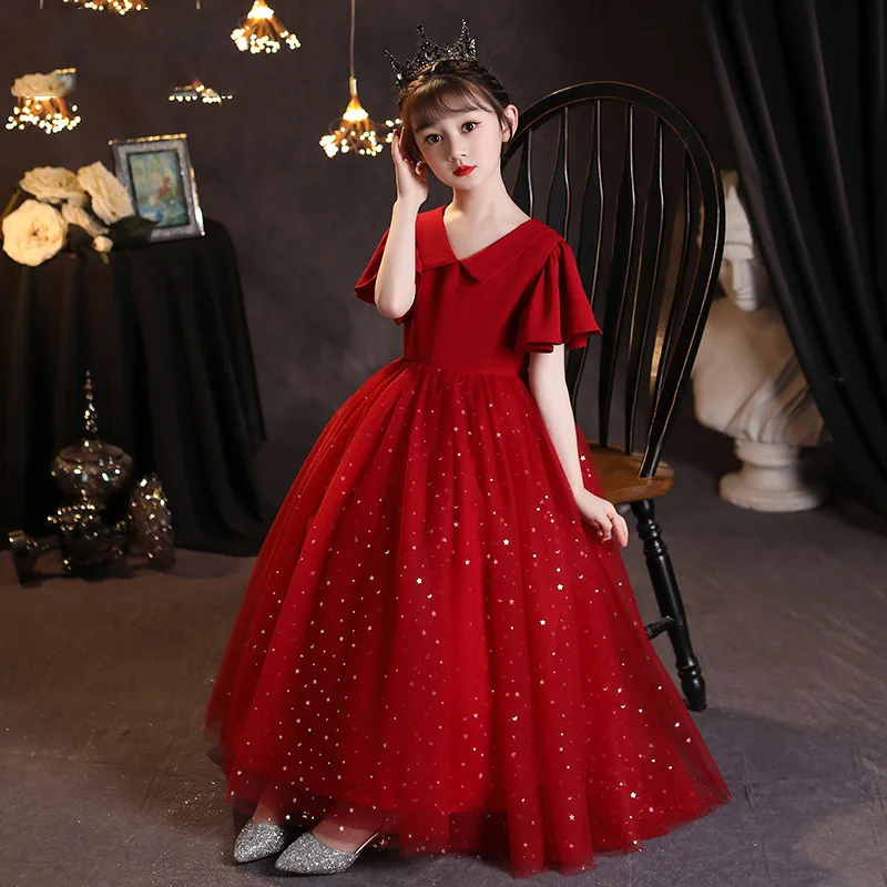 Girls' Dress Princess Dress Puffy Tulle Red Children's Conducting Host Show Piano Performance Dress Summer Singing Red Song