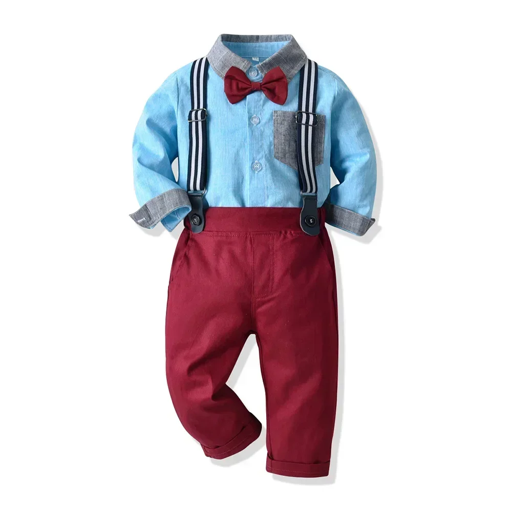 Boy Spring and Summer Cotton Christmas Two Pieces Suit 2-12Y Children Boy\'s Shirts & Strap Pants Overall  Baby Boys\' Clothing