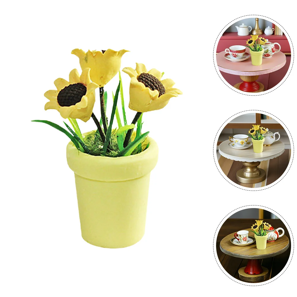 4개 미니어처 해바라기 분재 인공 식물 인형집 장식용 소형 실내 테이블탑 녹색 식물