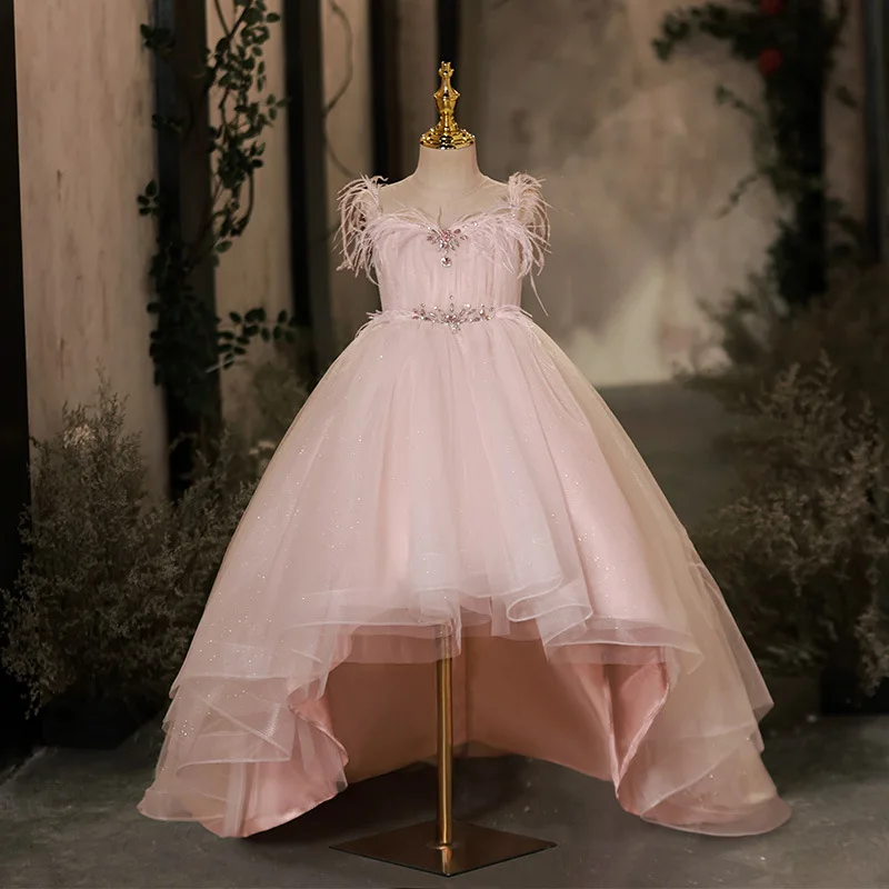 

2024 Feather Long Prom Gown Teenager Dresses Solid Children Party Clothing Kids Evening Formal Dress for Bridesmaid Wedding