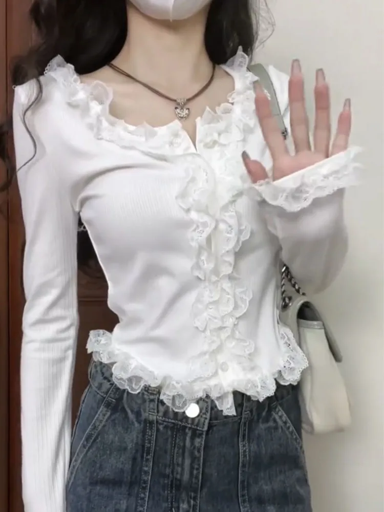 Korean Fashion Sexy White T-Shirts Slim Gyaru Chic Lace Tees Gyaru O-Neck Crop Top Casual Simple Streetwear Mori Girl Coquette