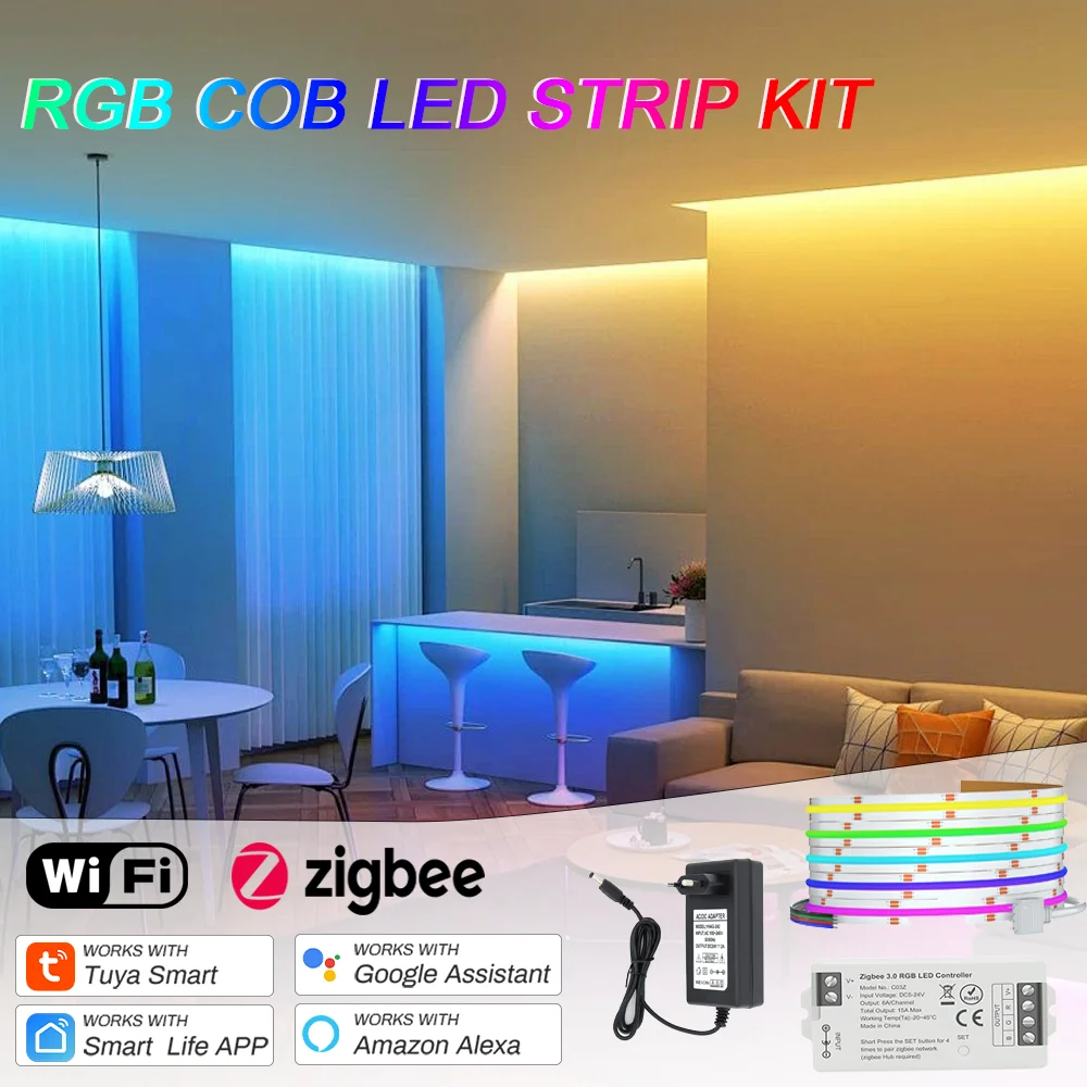 

Светодиодная лента Wi-Fi Tuya RGB COB RGBW Гибкая лента высокой плотности RGBCCT с регулируемой яркостью 24 В Красочная светодиодная лента Украшение дома