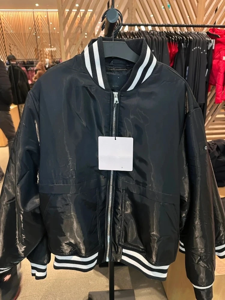 

Baseball Collar Black Women's Jacket Streetwear Zipper Baseball Jacket Women Autumn Cotton Loose Classic Padded Thick Short Coat