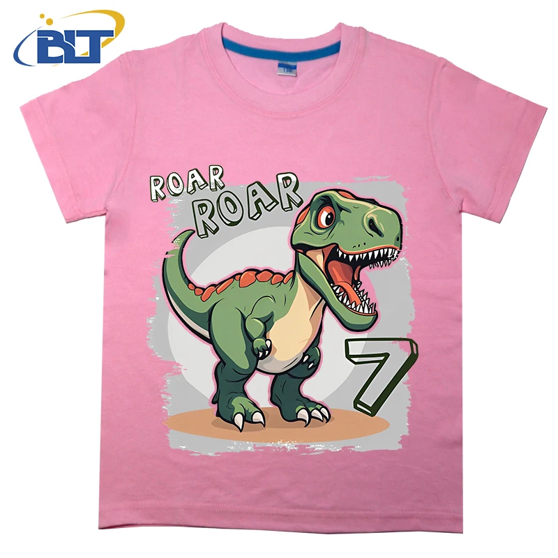 

T-Rex birthday for 7 year olds printed kids T-shirt summer cotton short-sleeved casual top suitable for boys and girls