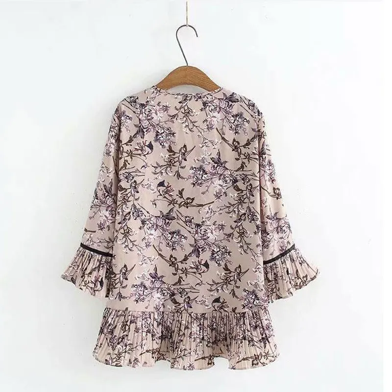 Spring Summer Vintage Floral Printed Shirt Female Clothing Fashion O-Neck Elegant Pleated Casual 3/4 Sleeve All-match Blouse New