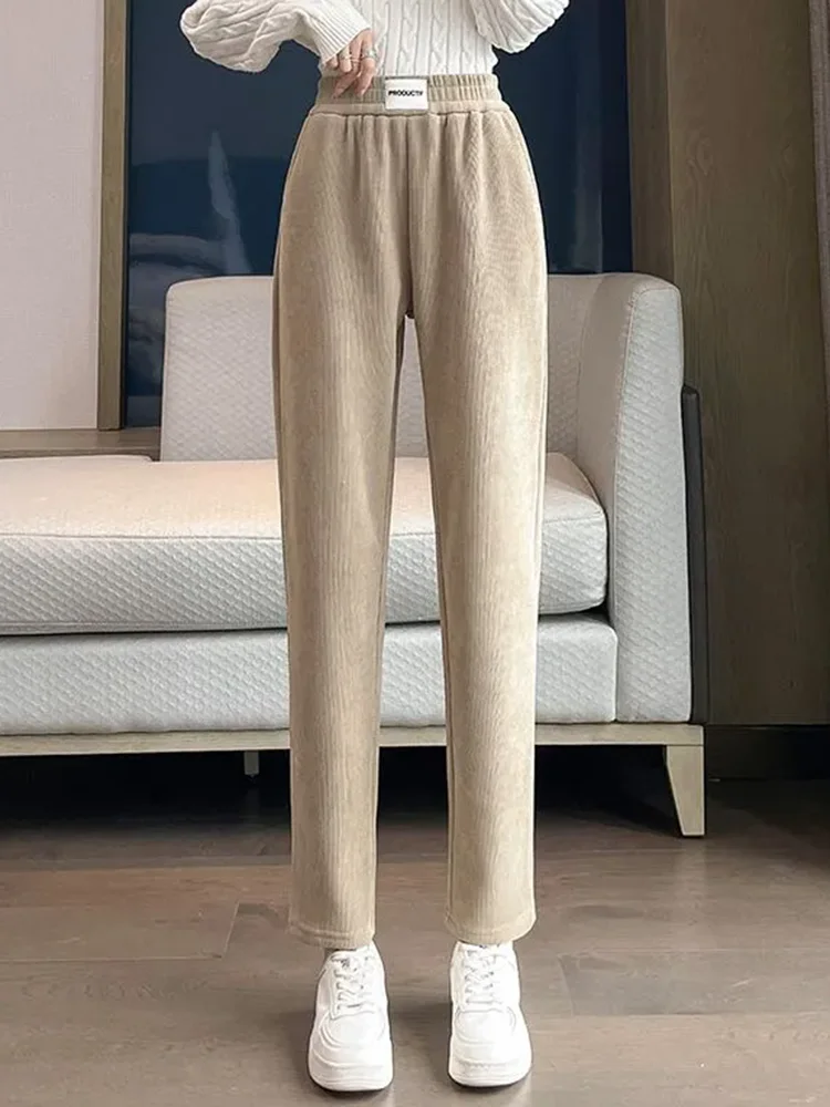 กางเกงฮาเร็มหนานุ่มสำหรับฤดูหนาว แฟชั่นเกาหลี เอวยางยืดสูง บุผ้ากำมะหยี่ กางเกงลำลองผู้หญิง ความยาวระดับข้อเท้า