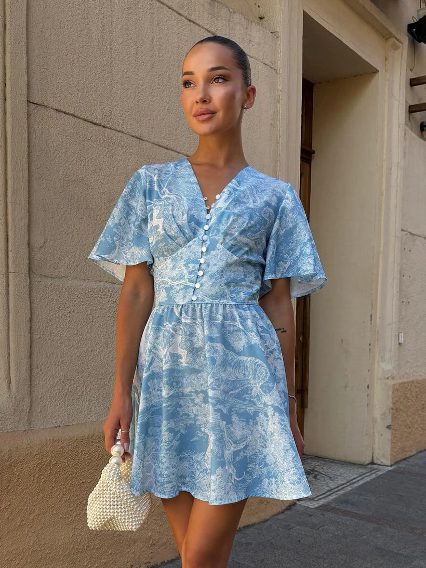 Marthaqiqi ملابس نوم للسيدات غير رسمية بيجامات مثيرة برقبة على شكل حرف v وأكمام قصيرة قمصان نوم مطبوعة فستان قصير ملابس نوم نسائية شتوية