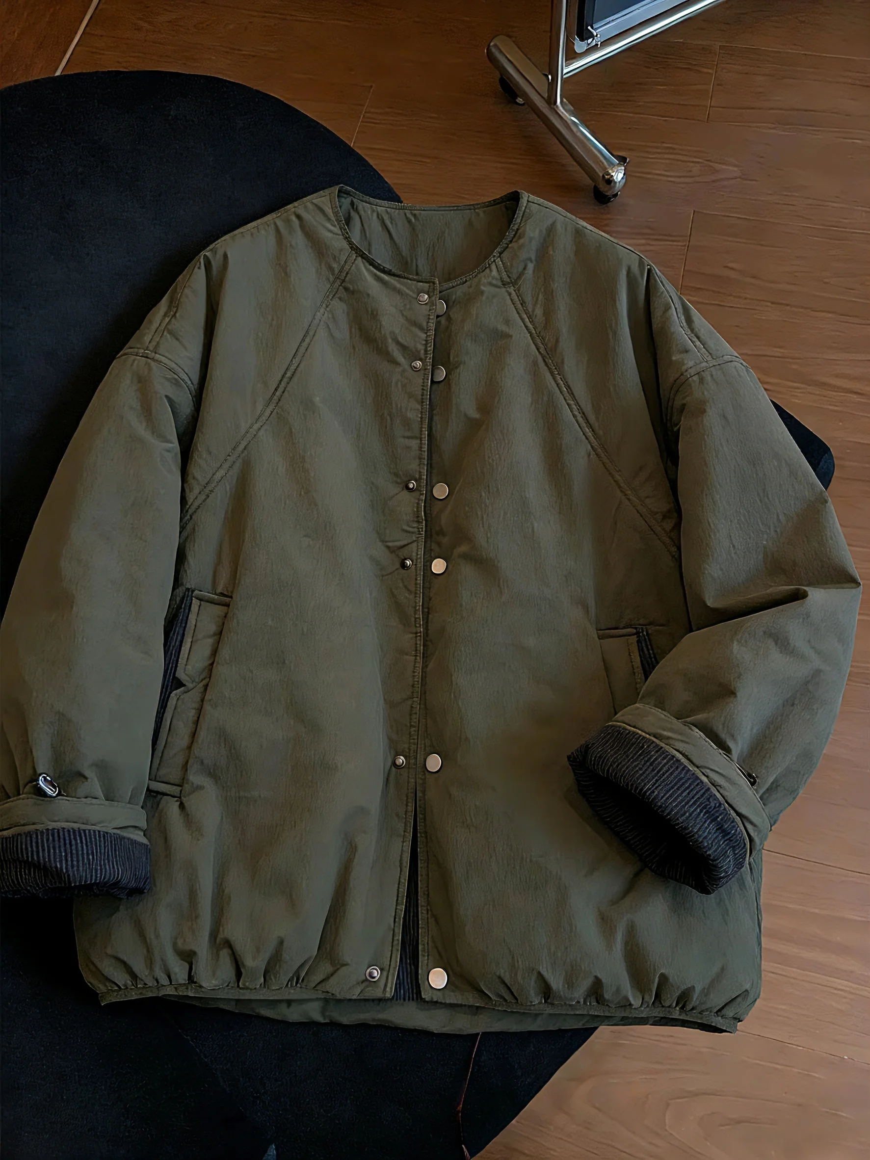 

een Cotton Jaet Women's Loose Fit round Ne Single Button Autumn Winter Casual Outerwear Vintage Sle Stand Size