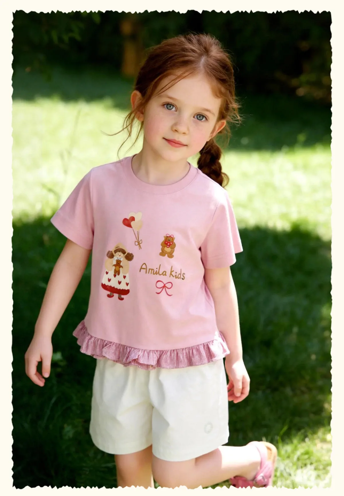 Amila 2026 Sommer-T-Shirt für Mädchen im neuen Stil mit kindlichen Illustrationen, kariertem Muster, Rüschensaum und coolen kurzen Ärmeln – Detail 16