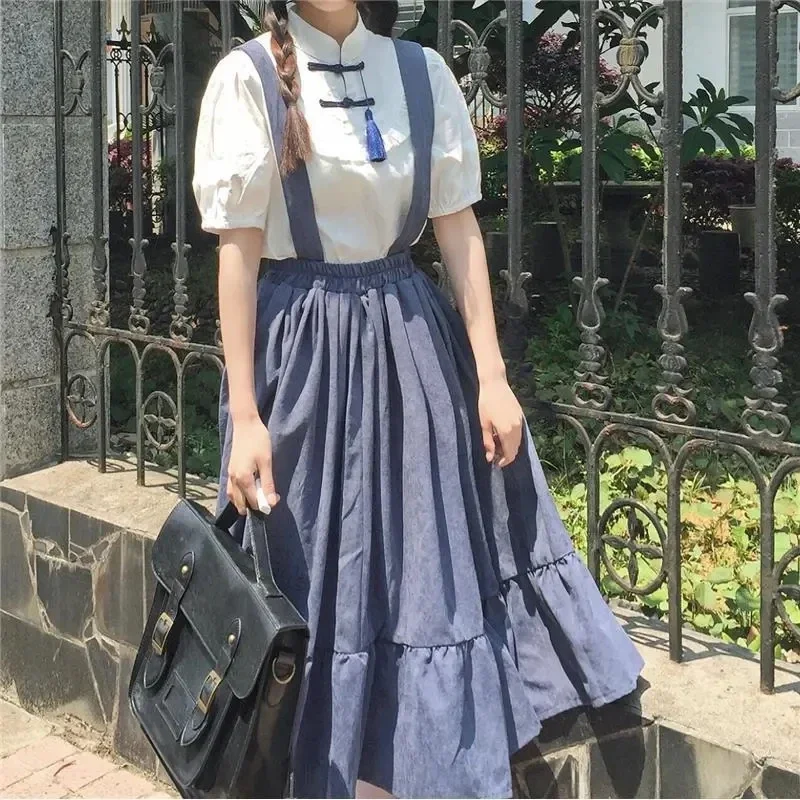 Women Sweet Strap Long Skirts Ruffles Loose Cute Student Casual Skirts Fashion Streetwear Female Suspender Skirts 2023