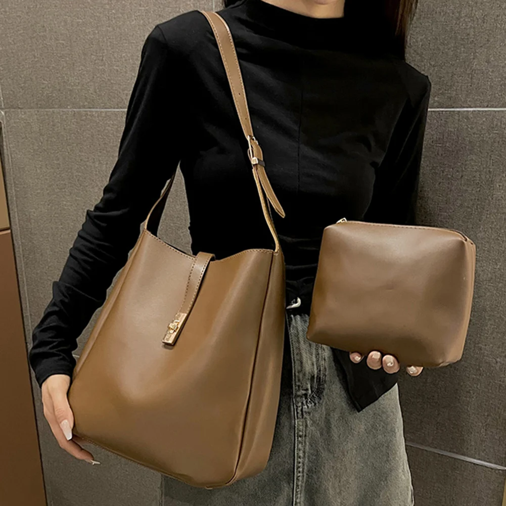 Retro PU Leather Crossbody Bags Women\'s Solid Color Commuting Tote Handbag Large Capacity Versatile Underarm Bag with Coin Purse