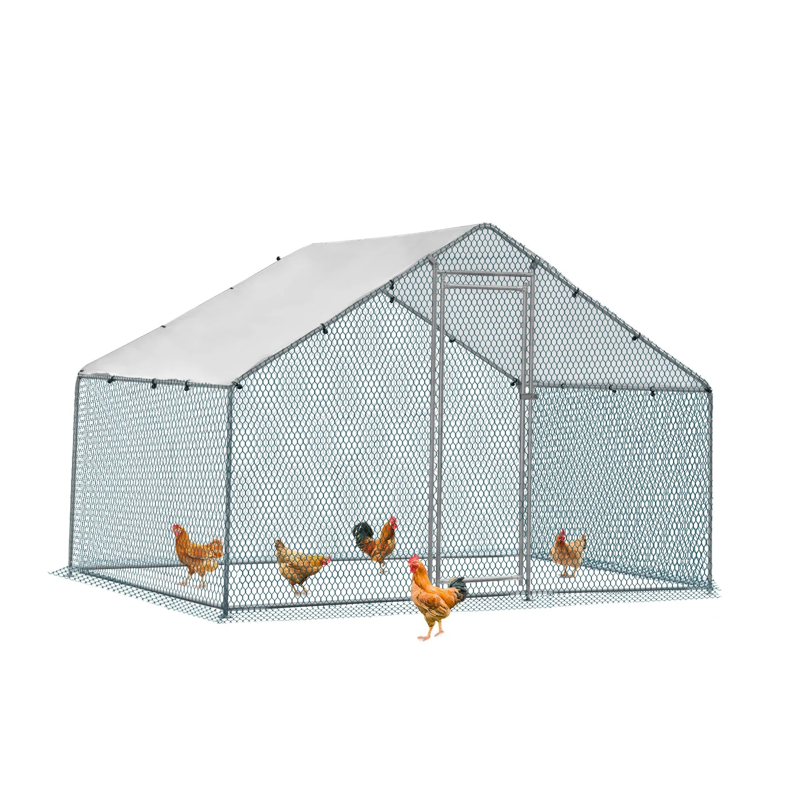 

Large Metal Chicken Coop, Hen Run House Walk-in Poultry Cage with Cover Outdoor
