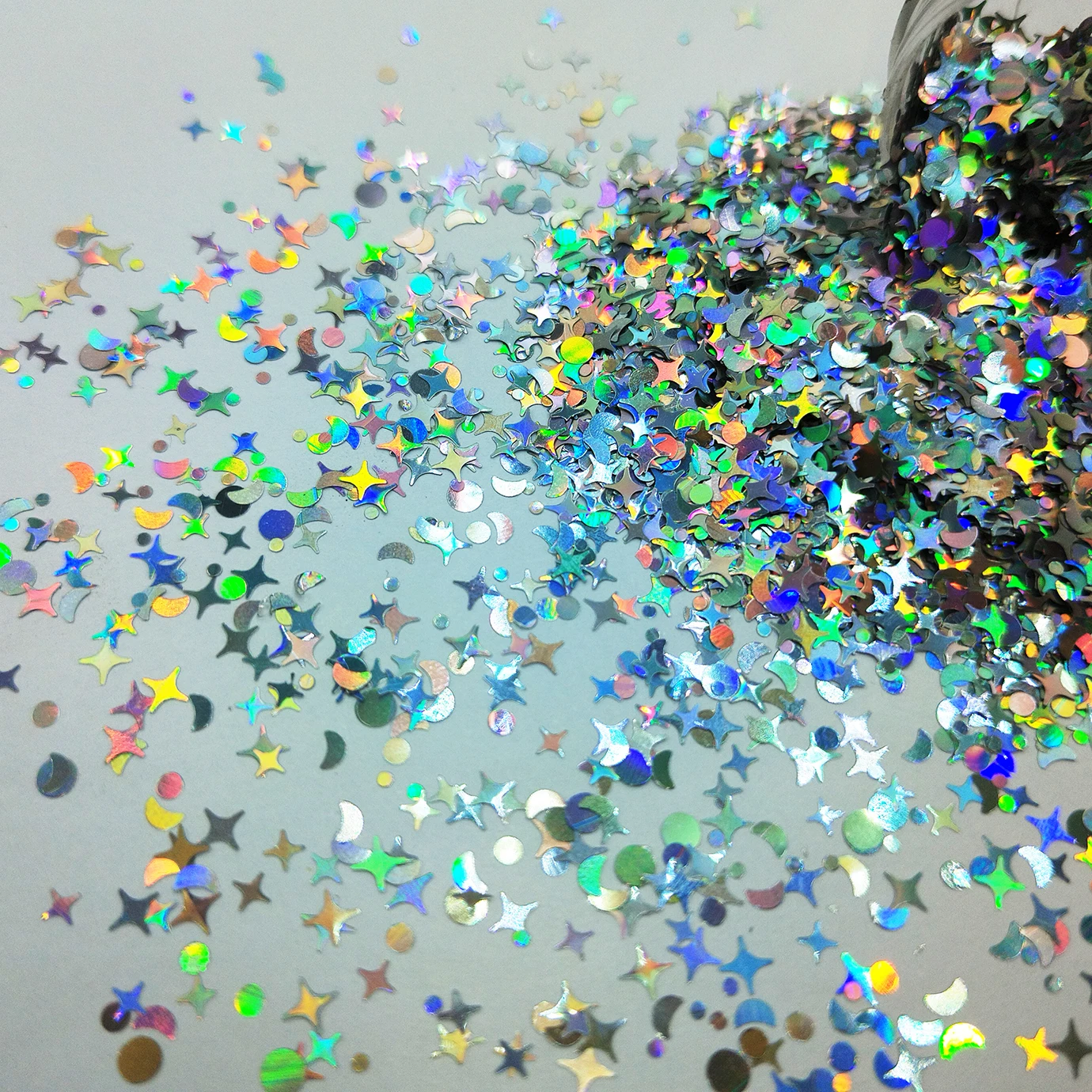 

Mix Size Moon Stars Holographic Laser Silver Shining Nail Art Glitter Sequin Spangle Shape for Christmas Craft Makeup Facepaint