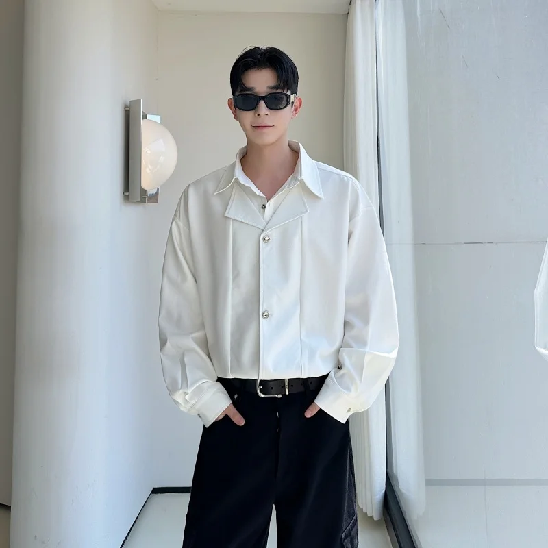 

Мужская рубашка свободного кроя с длинным рукавом в корейском стиле, имитация двухслойности, с эффектом многослойности, не мнется, белая, молодежный тренд, полиэстер