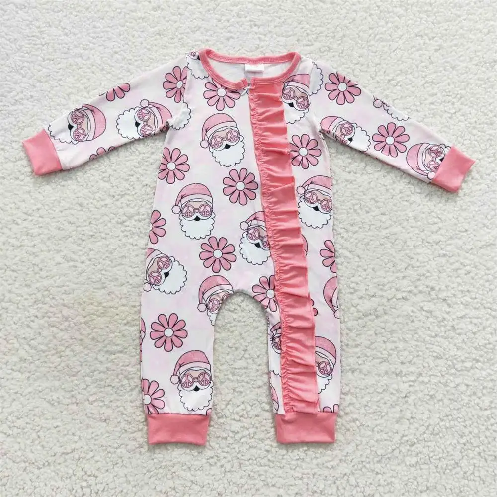 Wholesale Kids Children Newborn Toddler Flower Zipper Romper Baby Girl Pink Long Sleeves Christmas Santa Floral Jumpsuit