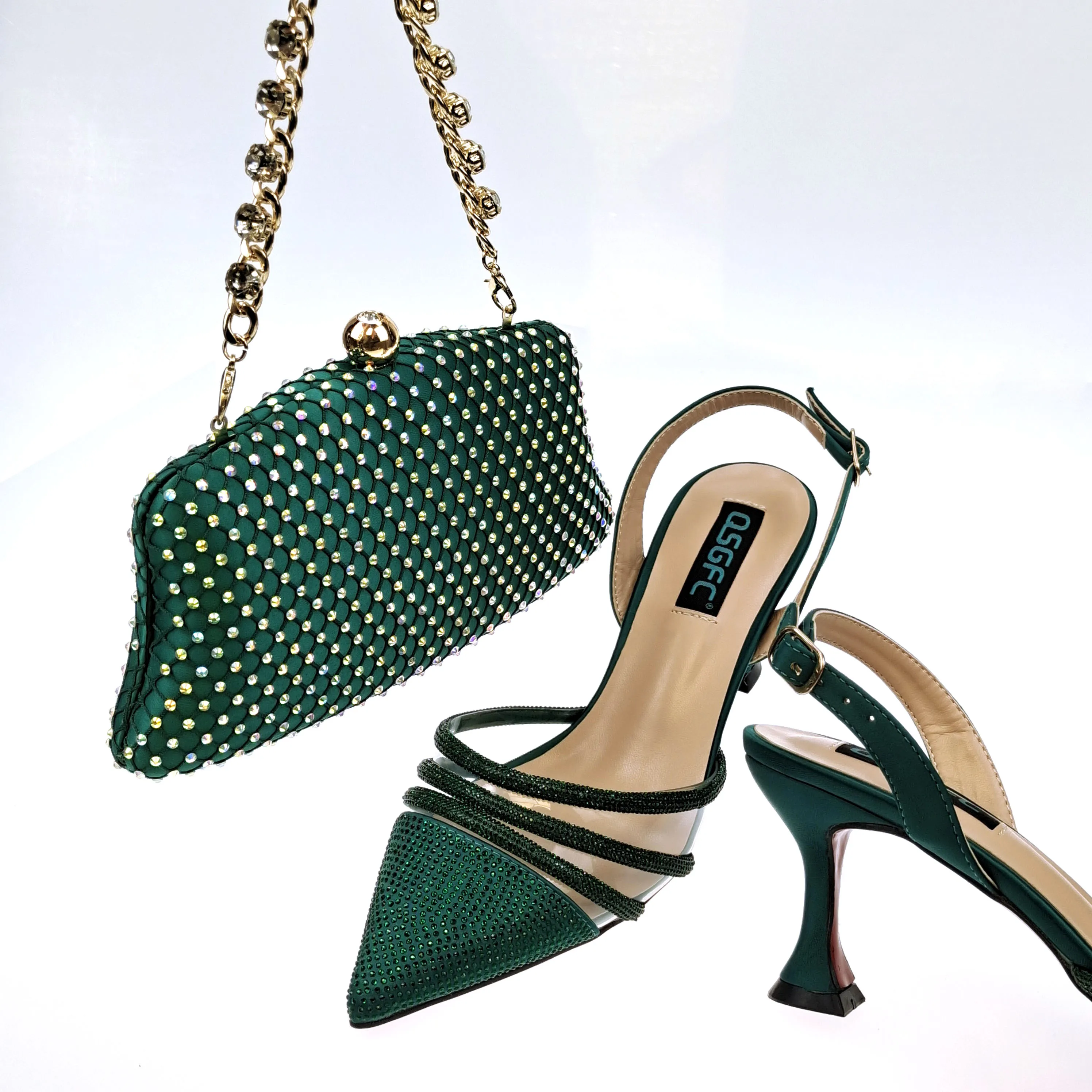 

African Fashion Elegant Crystal Square Button Party Wedding Pointed High Heels and Sandal Bag Set in Green Color