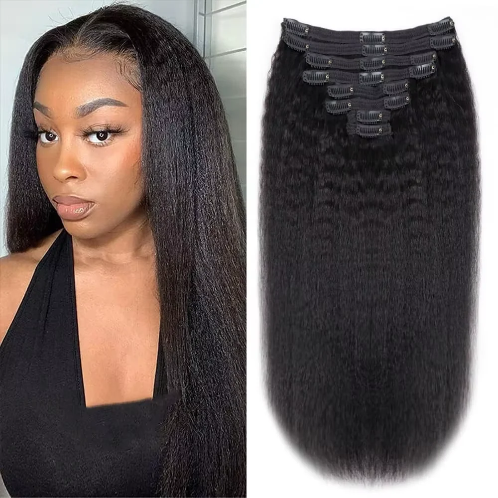 

Natural Color Kinky straight 18 Clips In Hair Extensions Brazilian Human Hair 8 Pieces 16-32 Inches for Women Hair Extensions