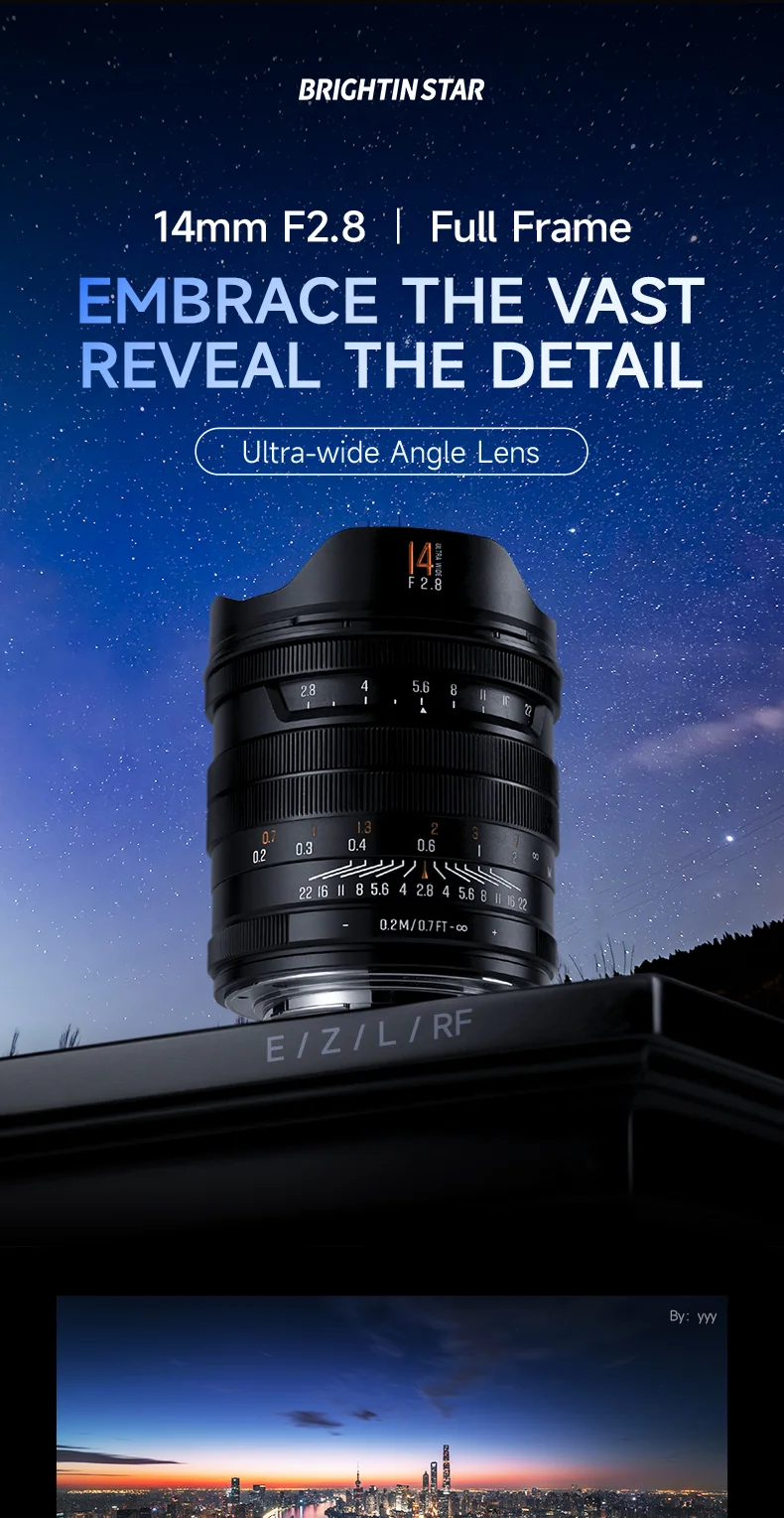 Brightin Star 14mm f2.8 Vollformat-Objektiv mit manuellem Fokus und 116° Weitwinkel für spiegellose Sony E / Z / L / RF-Mount-Kameras – Detail 1