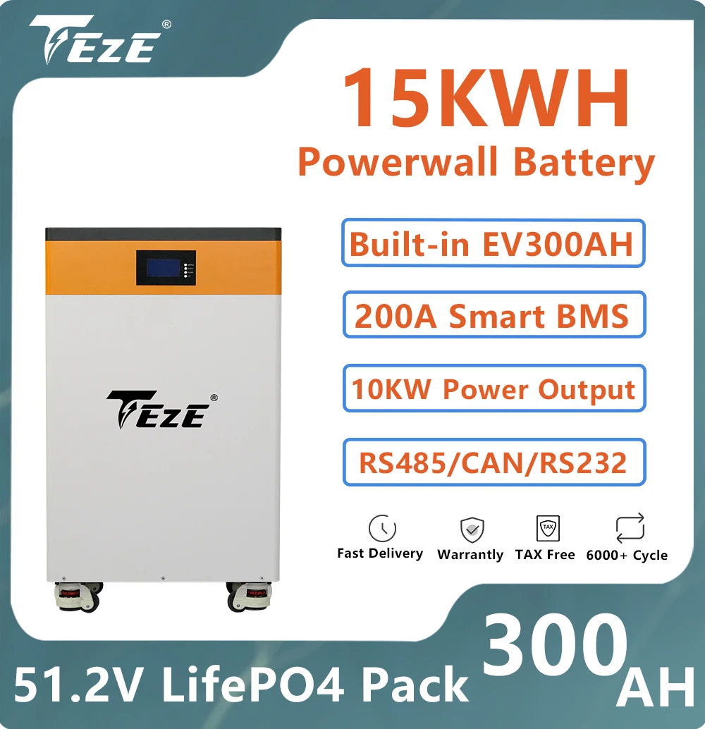 

TEZE 51,2 В 300 Ач LiFePO4 Аккумулятор 15 кВтч Powerwall Встроенный 200 А Smart BMS 6000 циклов RS485/CAN Большая мощность Домашнее солнечное хранилище