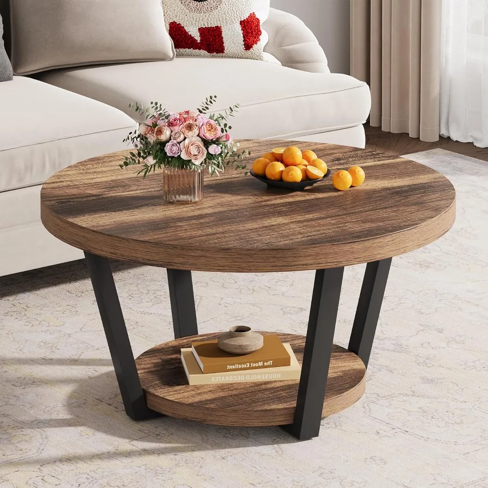 

Round Coffee Table with Storage Shelf, 2-Tier Wooden Accent Center Table, Modern Industrial Living Room Furniture, Rustic Brown