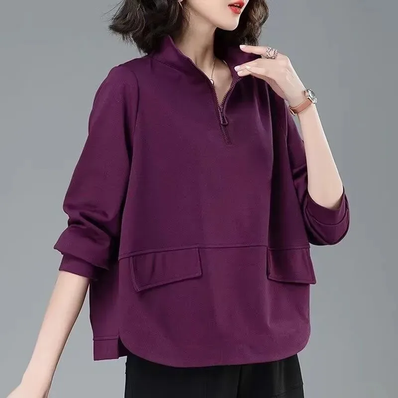 

Zipper Sweatshirt Women's Loose Fake Pocket Top Casual Lapel Solid Color Elegant Versatile Bottoming Shirt