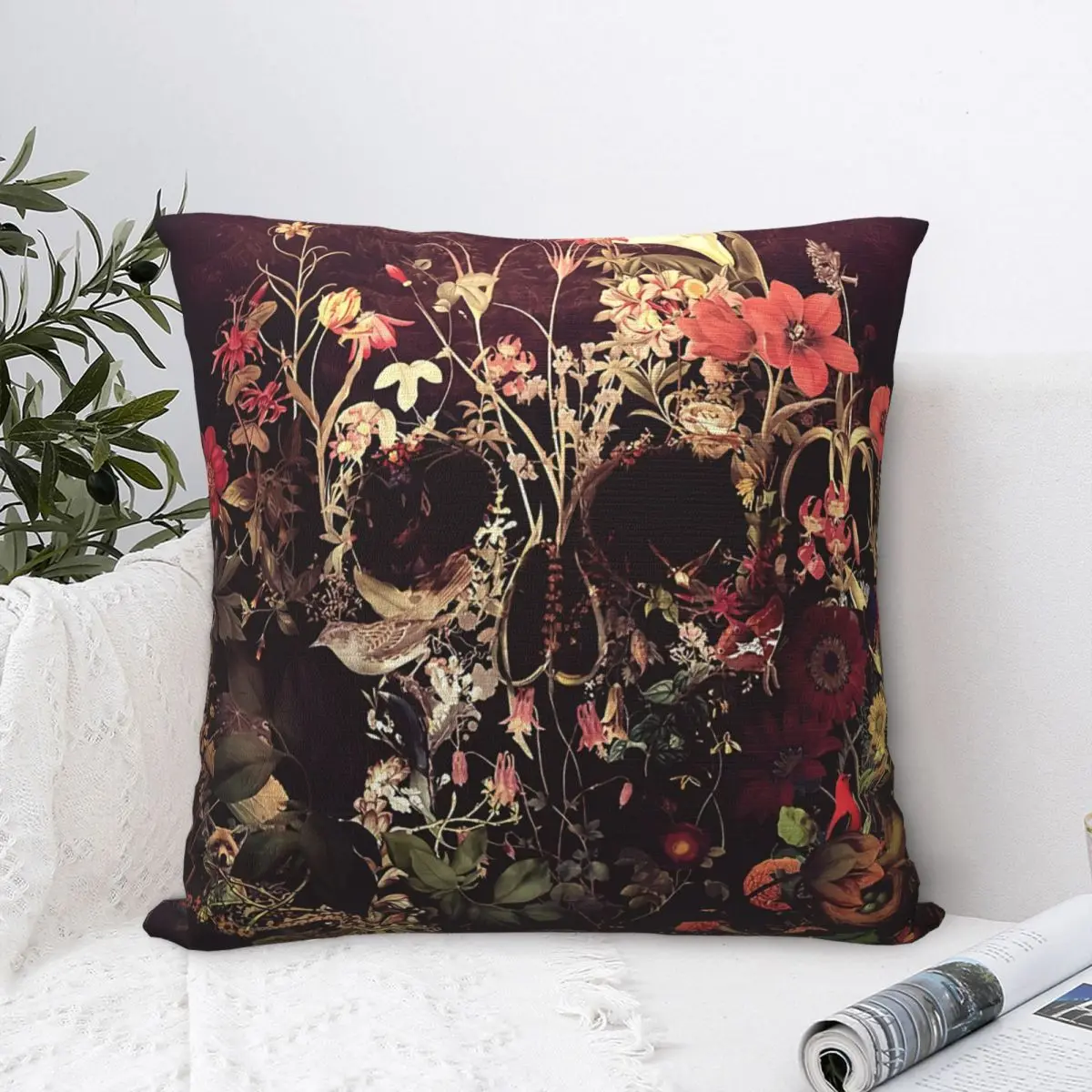 Bloom Skull Polyester Cushion Cover For Livingroom Chair Decorative Washable Pillow Cover