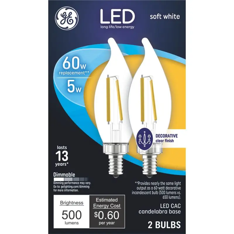 

2PCS CA11 LED Candelabra Bulbs 5W 500 Lumens Dimmable E12 Base 2700K Soft White Clear Chandelier Light Bulbs Energy Saving Decor