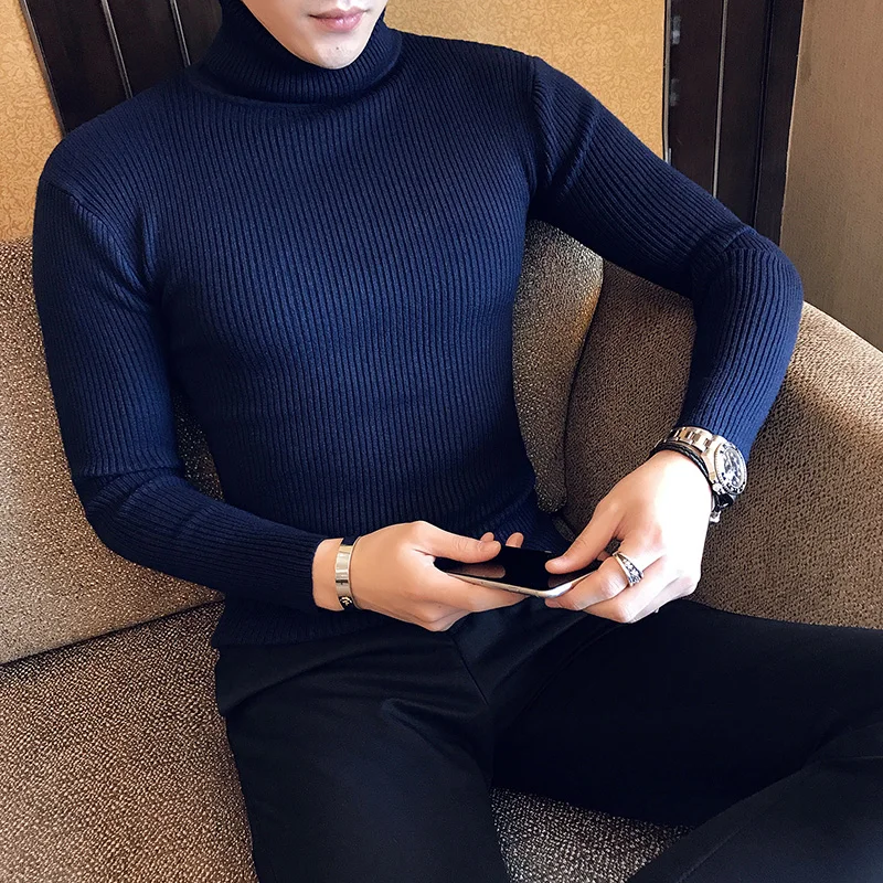 2022 Fall/Winter Men\'s Turtleneck Sweater Fashion Striped Solid Color Warm Knitted Sweater Men Double Collar Slim Fit Sweaters