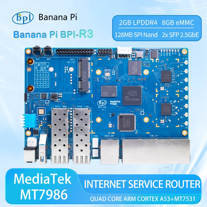 Banana Pi BPI-R3 MediaTek MT7986 Quad Core Processor Motherboard 2G DDR4 8G eMMC Flash Openwrt Open source Smart Router Board