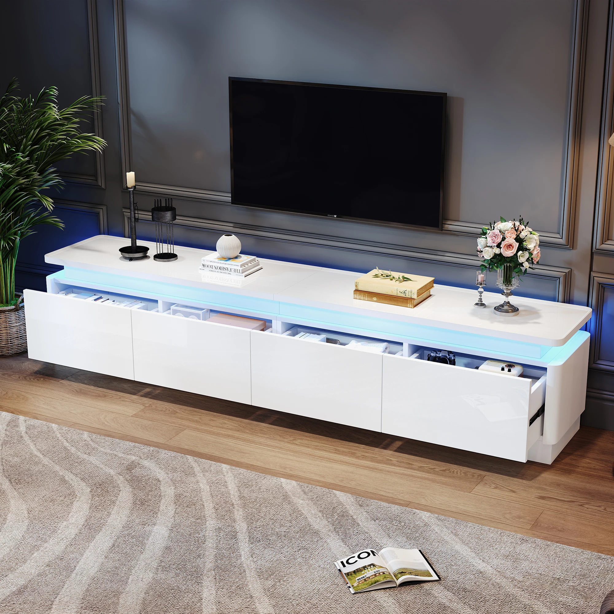 180*34*40cm TV-Schrank, TV-Ständer und TV-Schrank mit LED und 4 Schubladen, TV-Board und TV-Schublade, geeignet für 80-Zoll-Fernseher