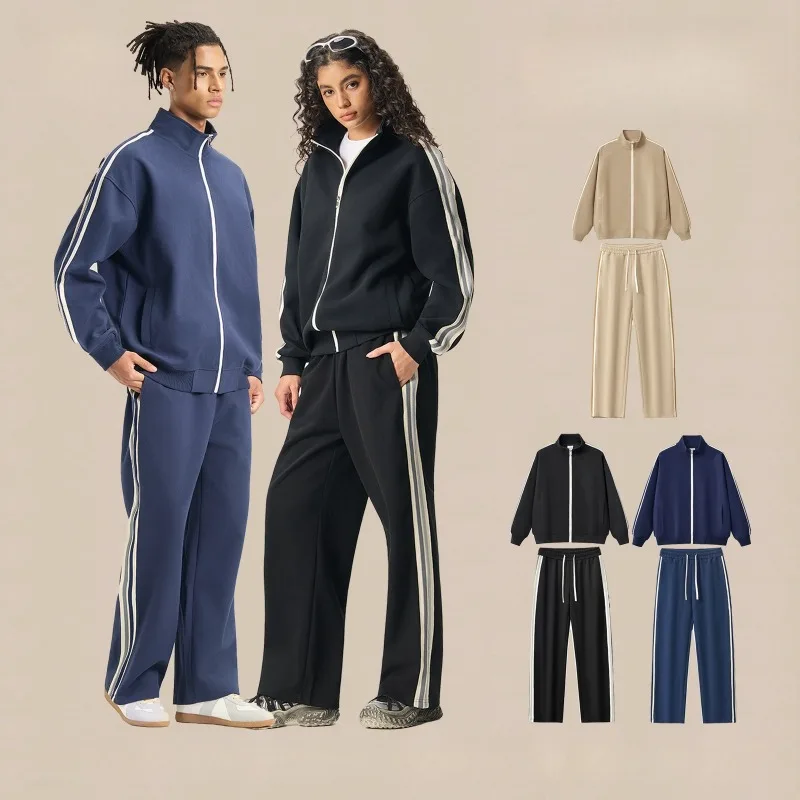 2026 Style Men's Hoodie Set Double Rod Loose Long Sleeve Casual Sports Loose Fit Ins Couples Match Long Pants view 3