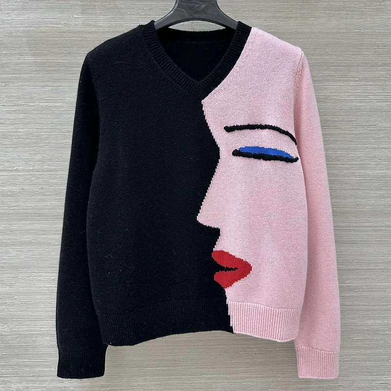 

Высококачественный женский шерстяной модный свитер с v-образным вырезом и принтом лица в корейском стиле, непринужденный пуловер 2593058