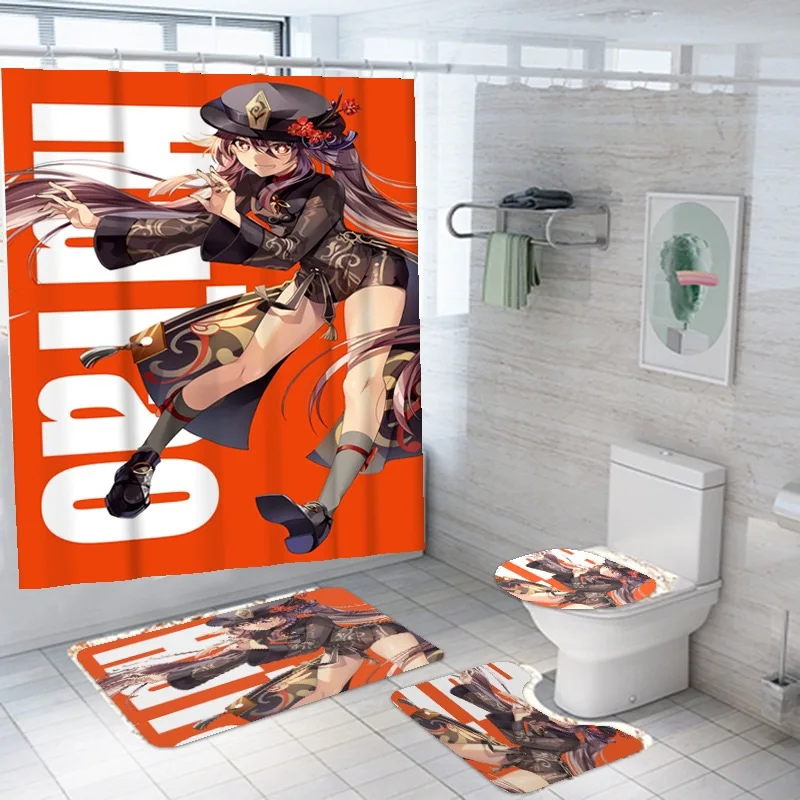 Anime Shower Curtain Genshin Impact 3D Print Bath Mat Set Cartoon Kawaii Loli Girl Bath Curtain Anime Bathroom Toilet Kid Gift