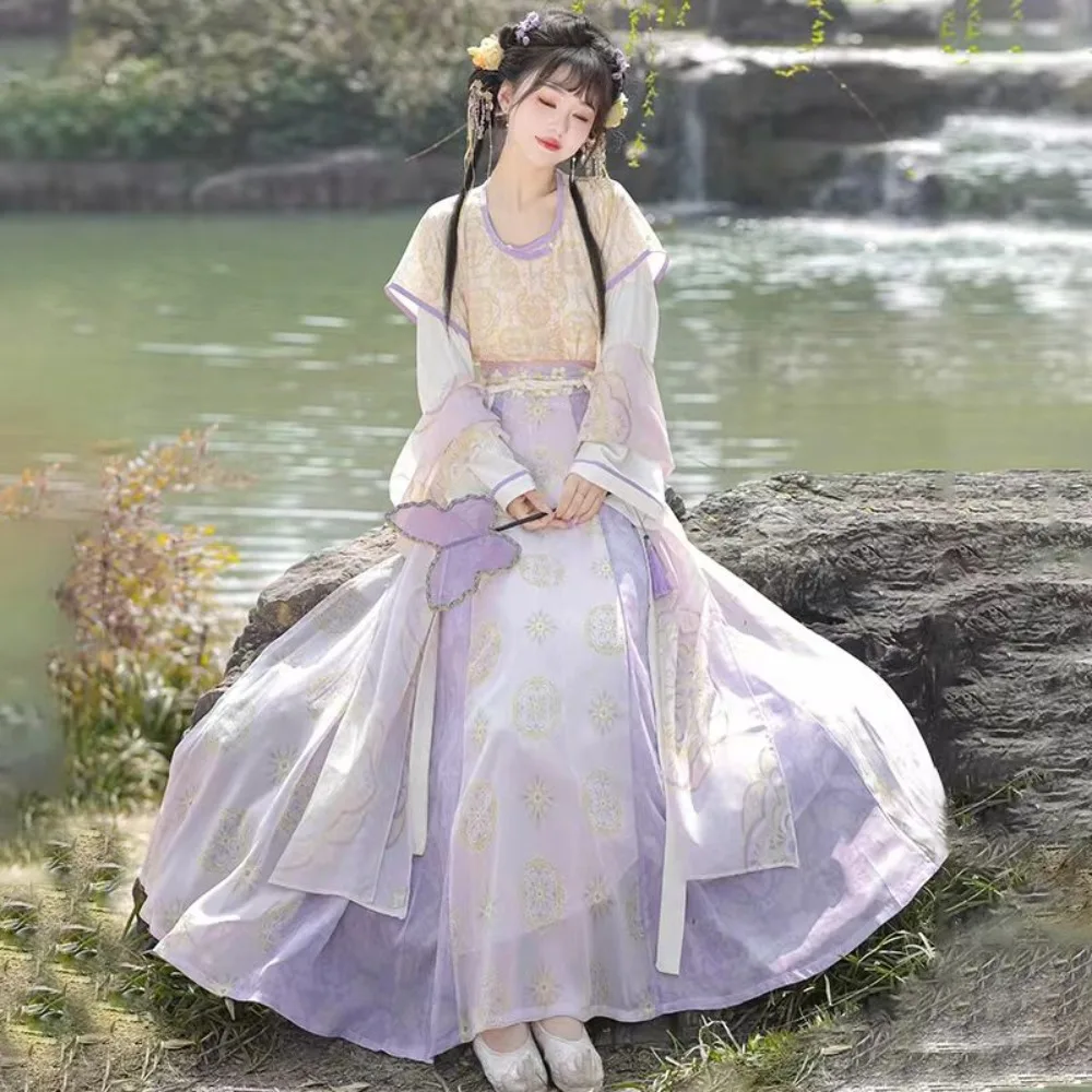 ‌ 오리지널 당나라 한복 세트 - 여성용 라운드 칼라 베이지 + 하이웨이스트 롱 스커트 3피스 전통 중국 스타일 한복 의상